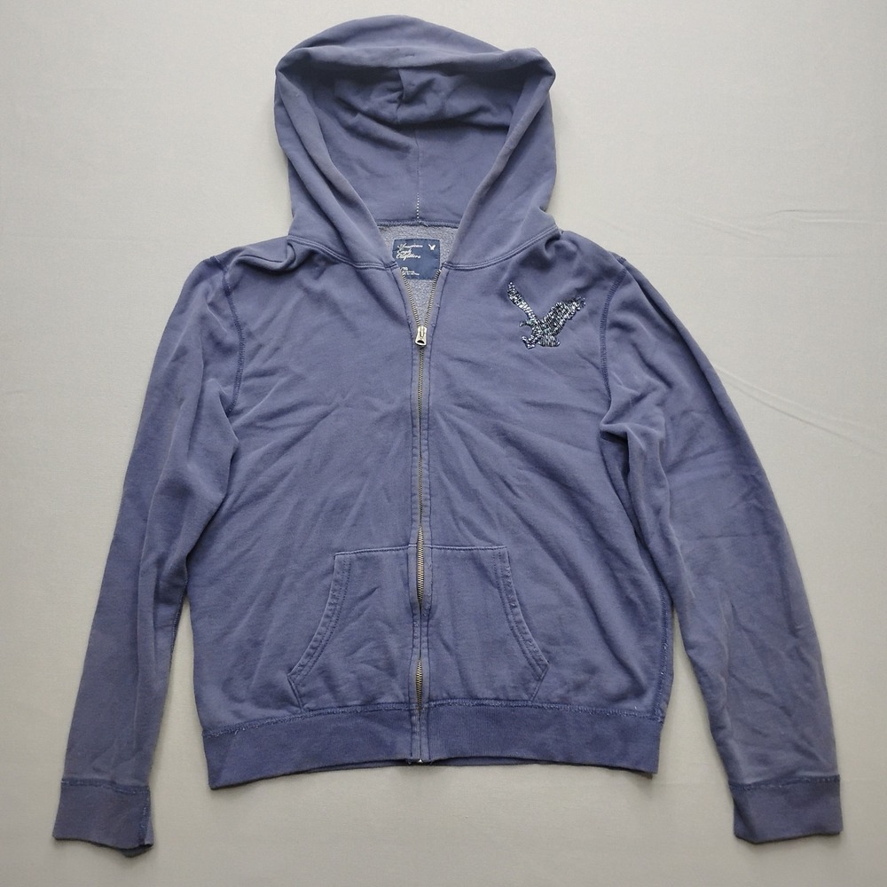 American Eagle Outfitters Womens XL Blue Beaded Eagle Full Zip Hoodie Jacket y2k